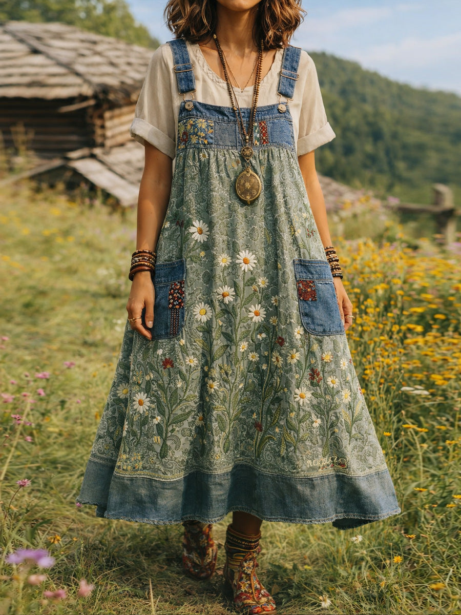 Women's Retro Floral Color-Blocked Art Print Washed Denim Workwear Shoulder Strap Dress